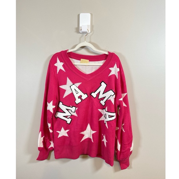 Judith March Sweaters - Judith March • Hot Pink MAMA Chenille Patch Star Varsity Oversized Sweater  Sz M